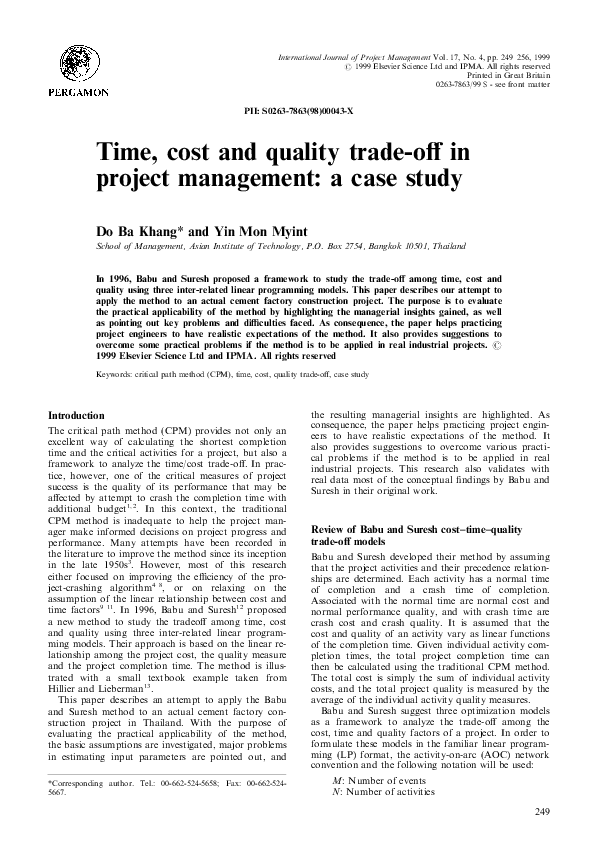 (PDF) Time, cost and quality trade-off in project management: a case study