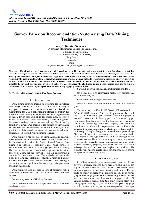 (PDF) Survey Paper on Recommendation System using Data Mining Techniques