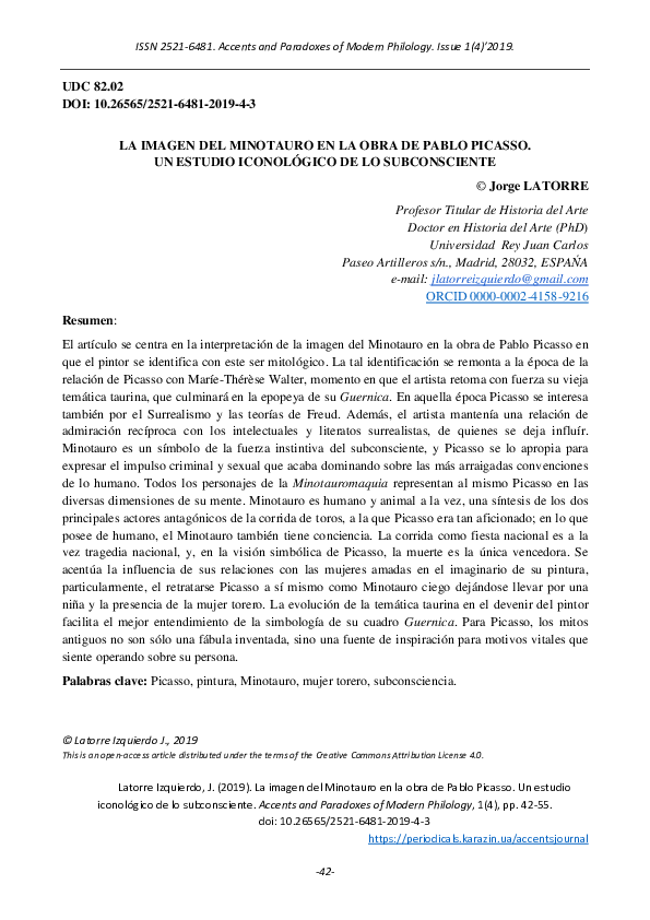 (PDF) The Minotaur’s Image in Pablo Picasso’s Works. An Iconological ...