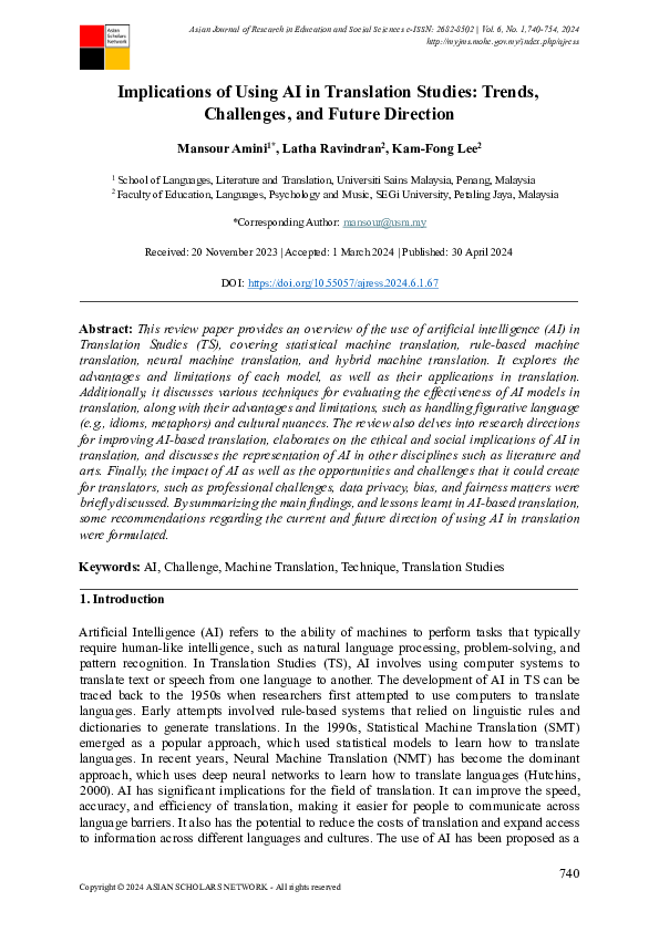 (PDF) Impliations of using AI in Translation Studies