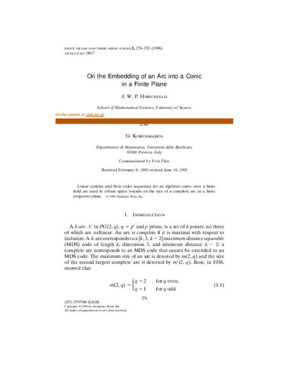 (PDF) On the Embedding of an Arc into a Conic in a Finite Plane