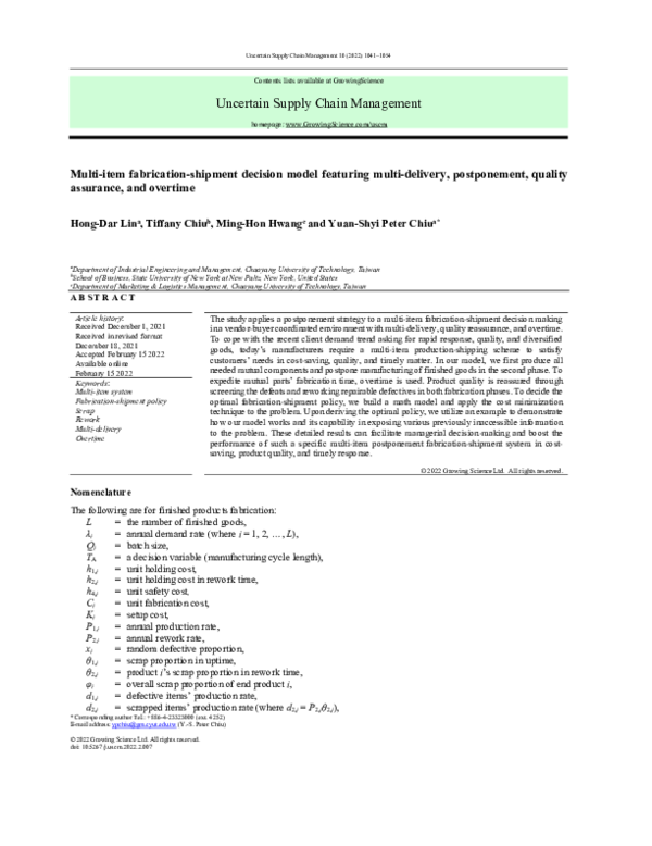 (PDF) Multi-item fabrication-shipment decision model featuring multi ...