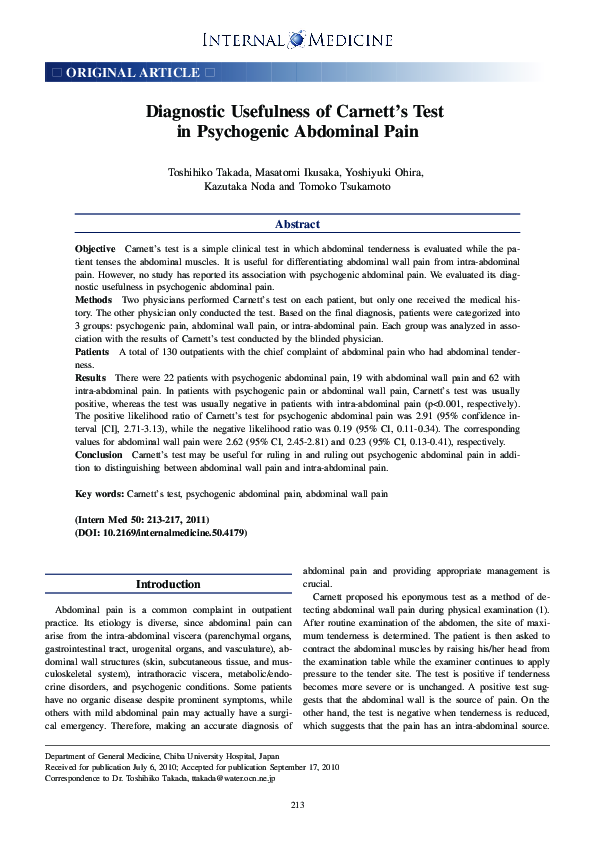(PDF) Diagnostic Usefulness of Carnett's Test in Psychogenic Abdominal Pain