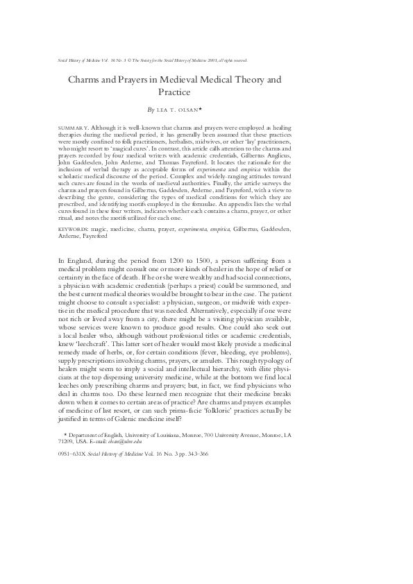 (PDF) Charms and Prayers in Medieval Medical Theory and Practice
