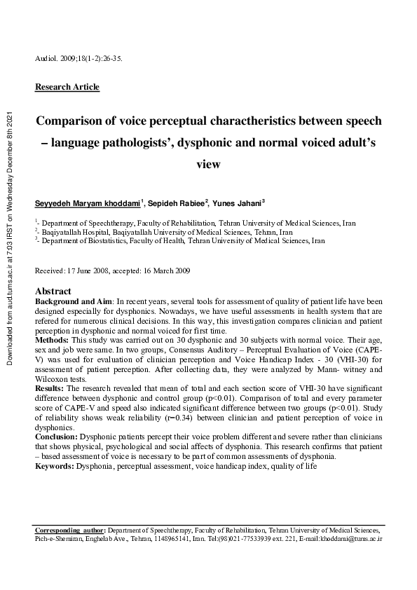 (PDF) Comparison of Voice Perceptual Charactheristics Between Speech ...