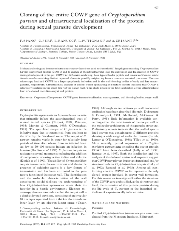 (PDF) Cloning of the entire COWP gene of Cryptosporidium parvum and ...