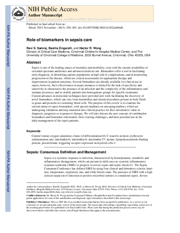 (PDF) Role of Biomarkers in Sepsis Care