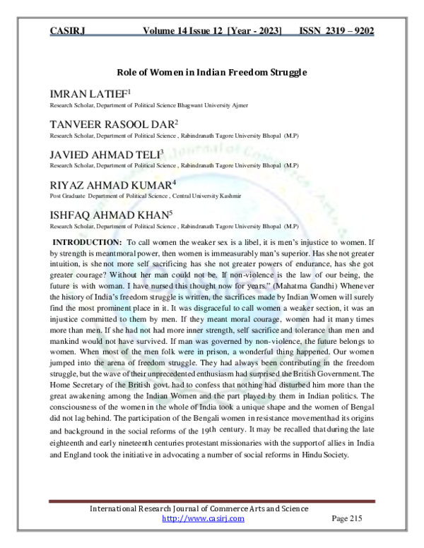 (PDF) Role of Women in Indian Freedom Struggle