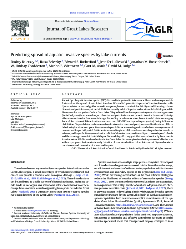 (PDF) Predicting spread of aquatic invasive species by lake currents