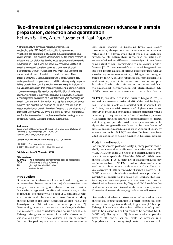  pdf two dimensional gel electrophoresis recent advances in sample
