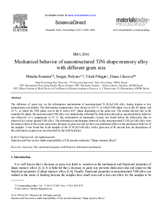 (PDF) Mechanical behavior of nanostructured TiNi shape memory alloy ...