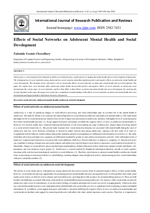 (PDF) Effects of Social Networks on Adolescent Mental Health and Social ...