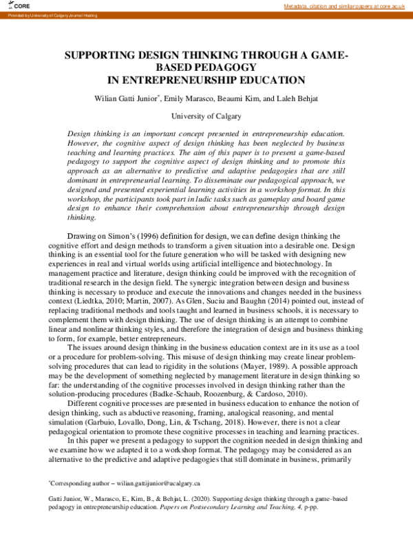 (PDF) Supporting Design Thinking Through a Game-Based Pedagogy in ...