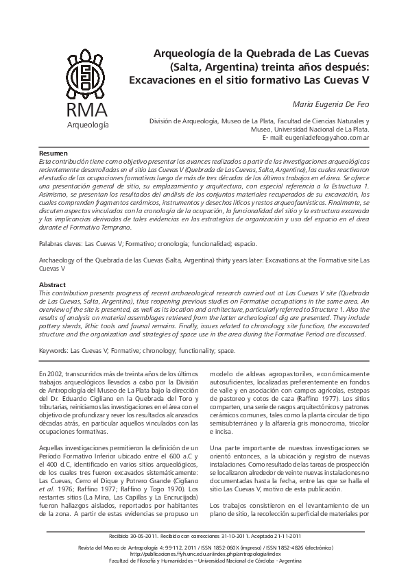 PDF) Arqueología de la Quebrada de Las Cuevas (Salta, Argentina) treinta  años después: Excavaciones en el sitio formativo Las Cuevas V | MARIA  EUGENIA DE FEO - Academia.edu