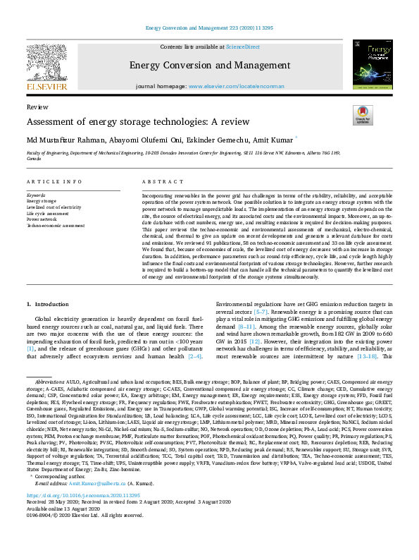 (PDF) Assessment of energy storage technologies: A review