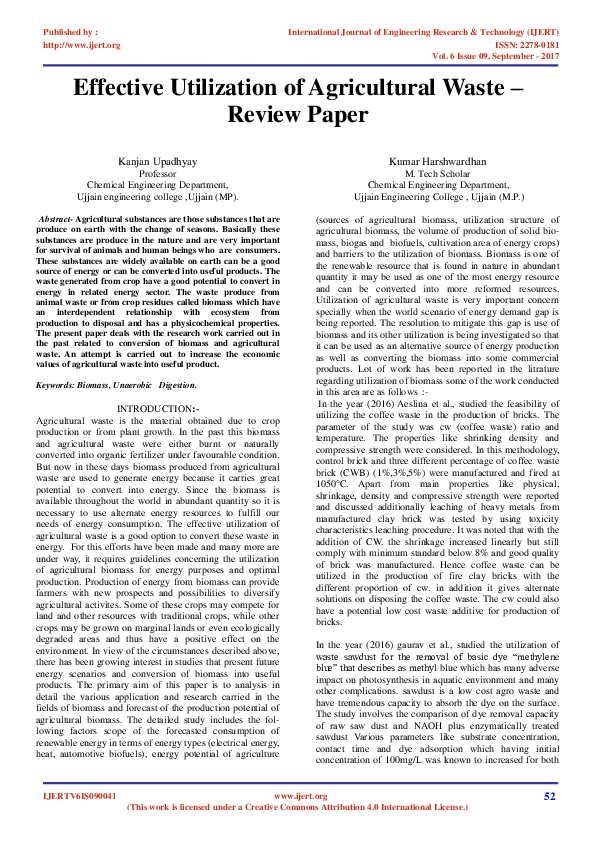 (PDF) Effective Utilization of Agricultural Waste – Review Paper