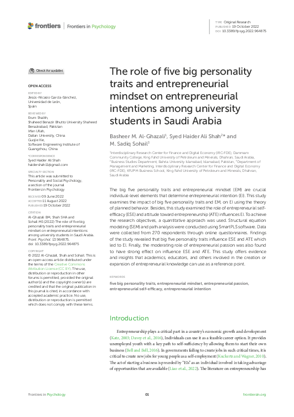 (PDF) The role of five big personality traits and entrepreneurial ...