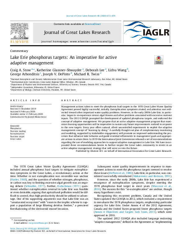 (PDF) Lake Erie phosphorus targets: An imperative for active adaptive ...