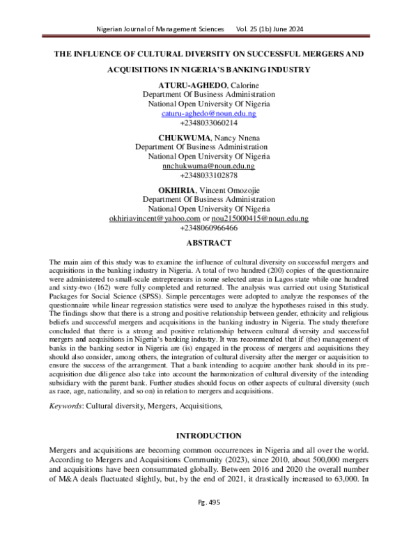 (PDF) THE INFLUENCE OF CULTURAL DIVERSITY ON SUCCESSFUL MERGERS AND ...