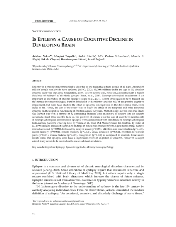 (PDF) Is Epilepsy a Cause of Cognitive Decline in Developing Brain