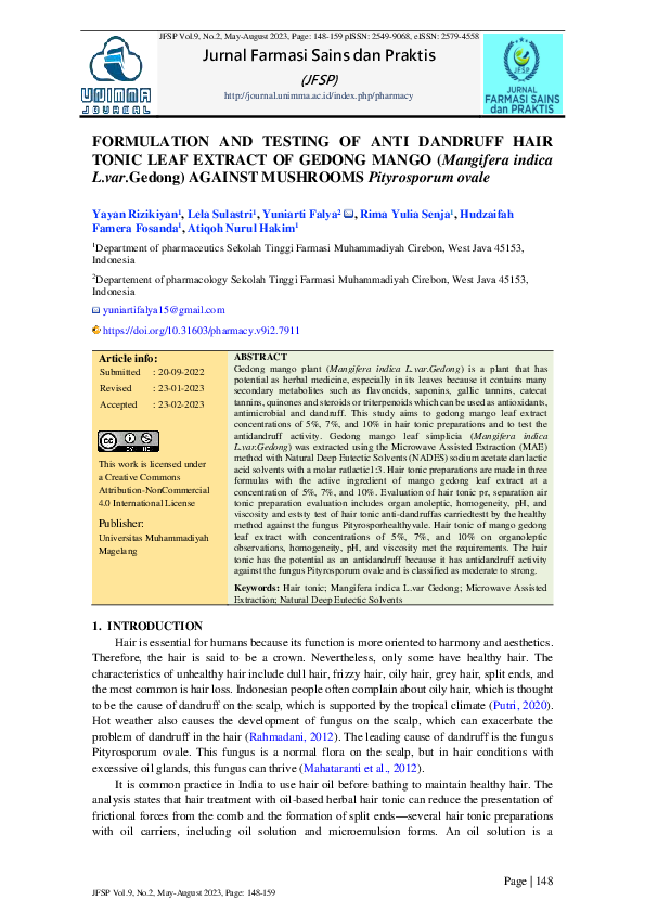 (PDF) FORMULATION AND TESTING OF ANTI DANDRUFF HAIR TONIC LEAF EXTRACT ...