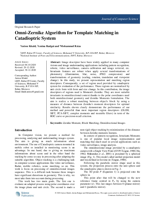 (PDF) Omni-Zernike Algorithm for Template Matching in Catadioptric System