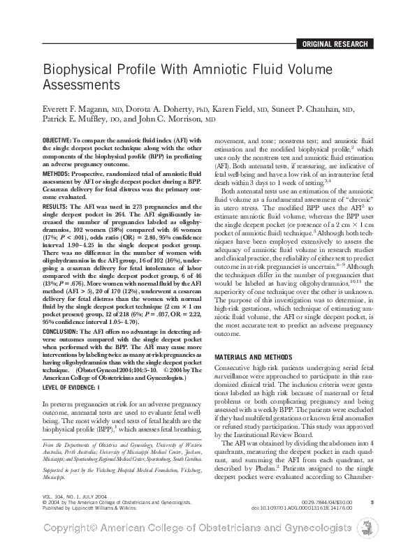 (PDF) Biophysical Profile With Amniotic Fluid Volume Assessments