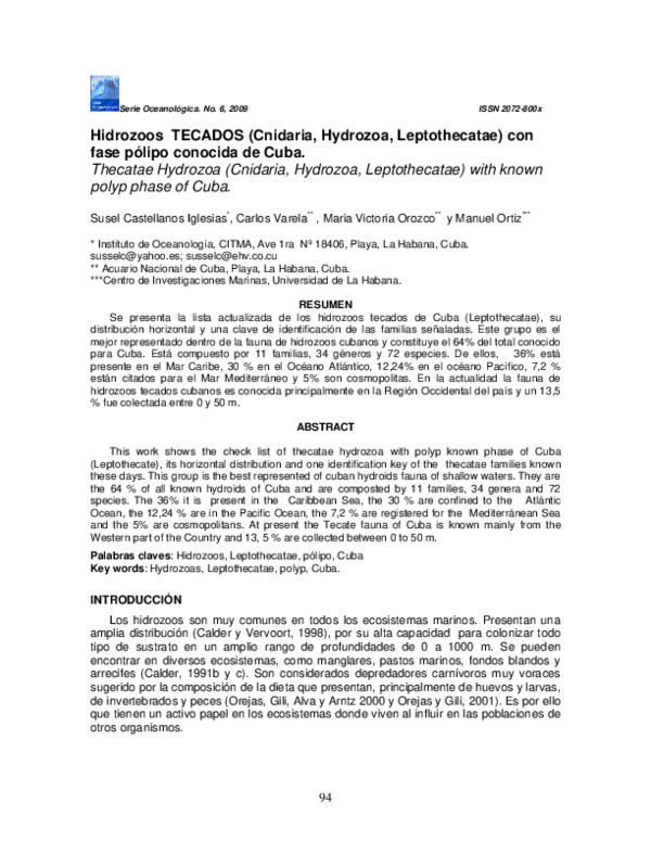 (PDF) Hidrozoos TECADOS (Cnidaria, Hydrozoa, Leptothecatae) con fase ...