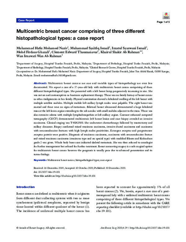 (PDF) Multicentric breast cancer comprising of three different ...