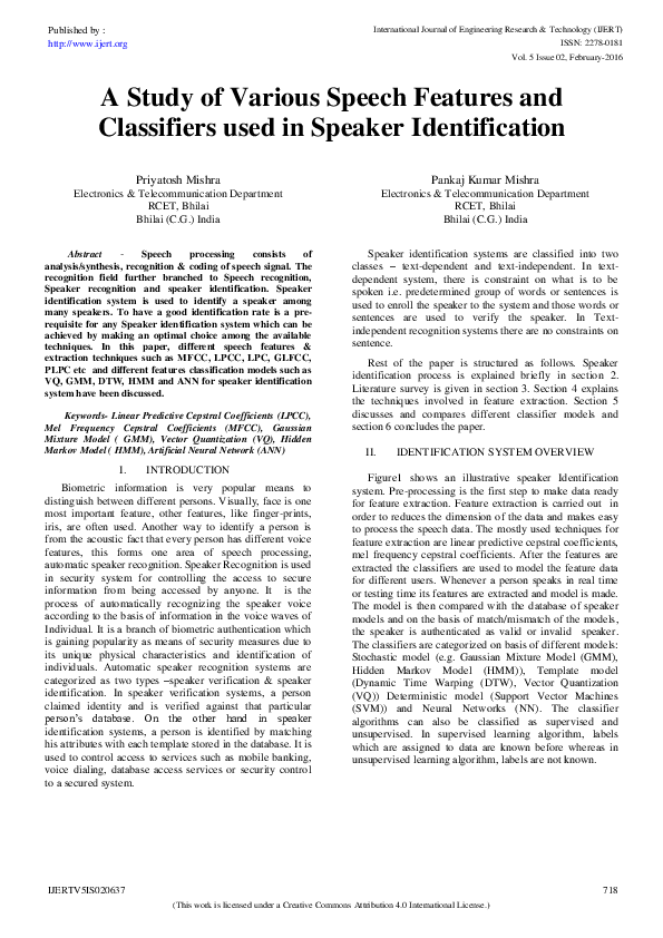(PDF) A Study of Various Speech Features and Classifiers used in ...