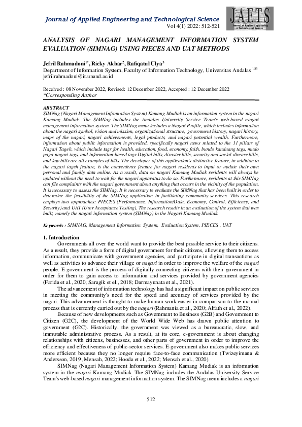 (PDF) Analysis of Nagari Management Information System Evaluation ...