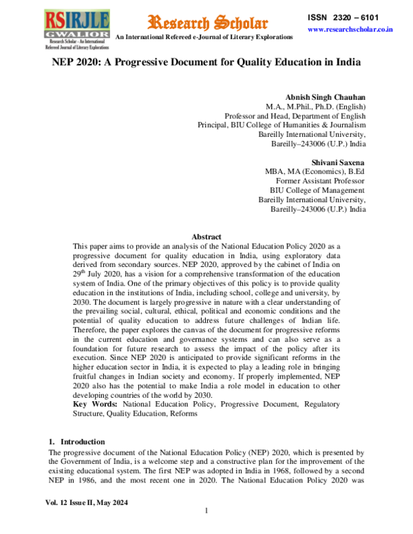 (PDF) NEP 2020: A Progressive Document for Quality Education in India