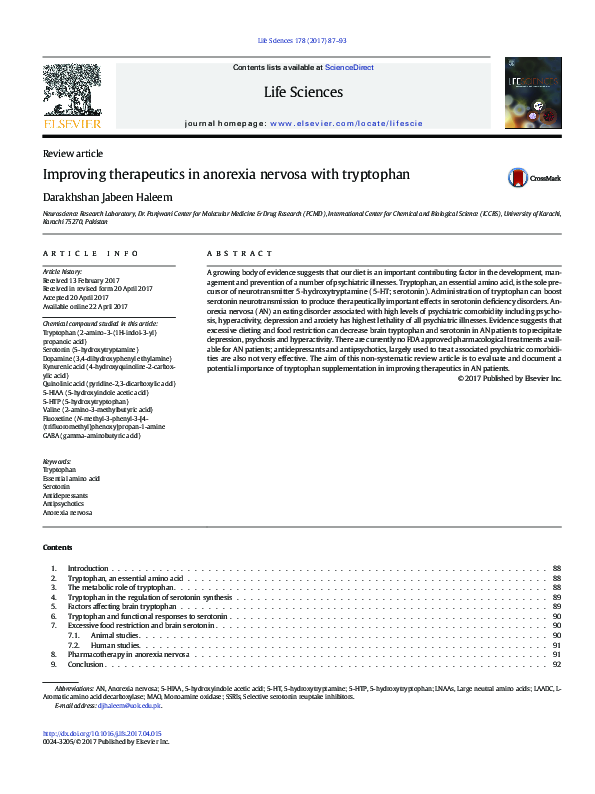 (PDF) Improving therapeutics in anorexia nervosa with tryptophan