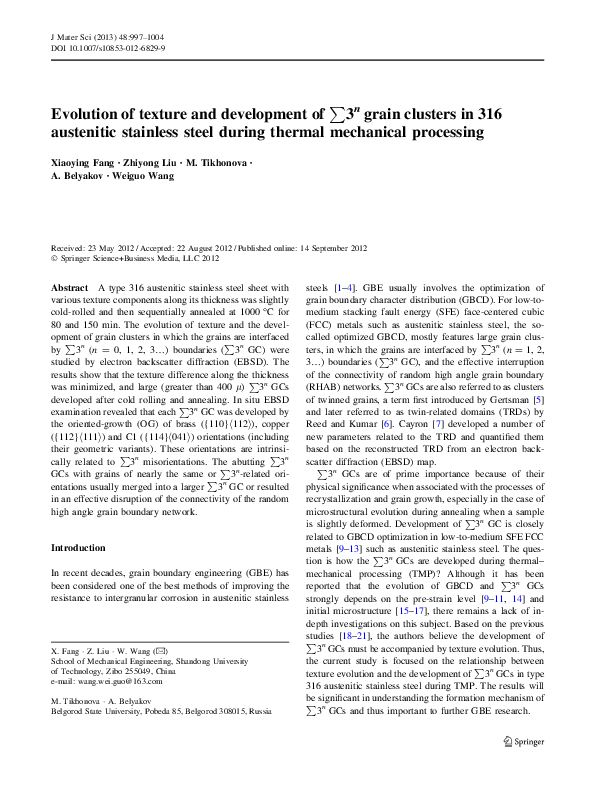 (PDF) Evolution of texture and development of ∑3 n grain clusters in ...