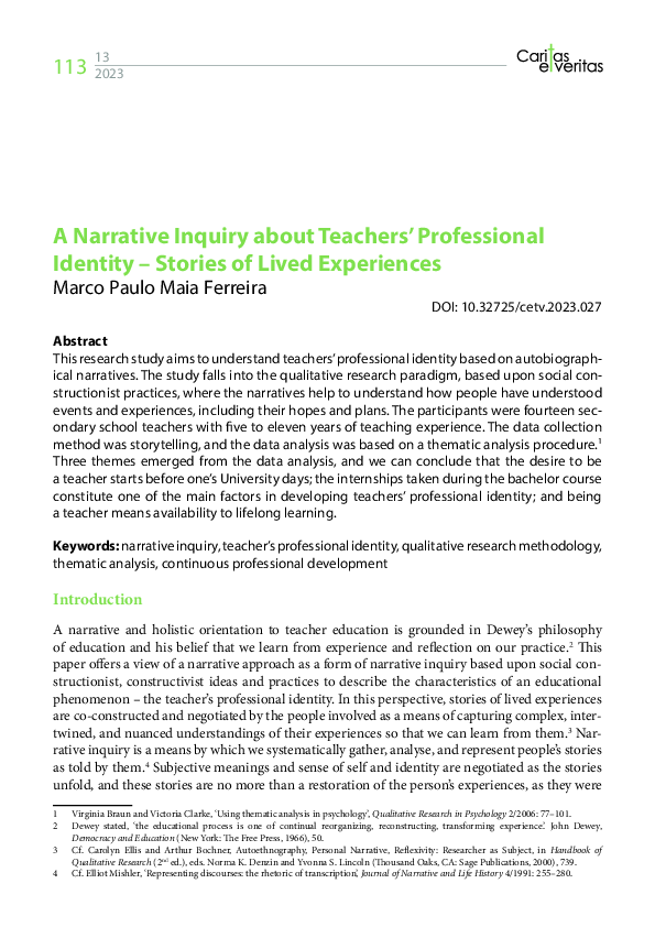(PDF) A Narrative Inquiry about Teachers' Professional Identity ...