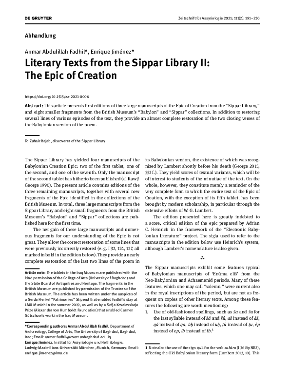 (PDF) Literary Texts from the Sippar Library II: The Epic of Creation ...