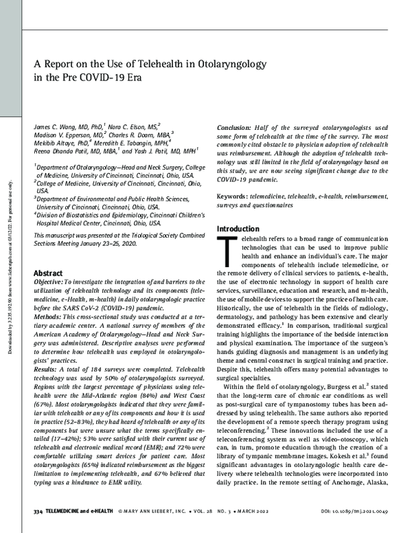 (PDF) A Report on the Use of Telehealth in Otolaryngology in the Pre ...