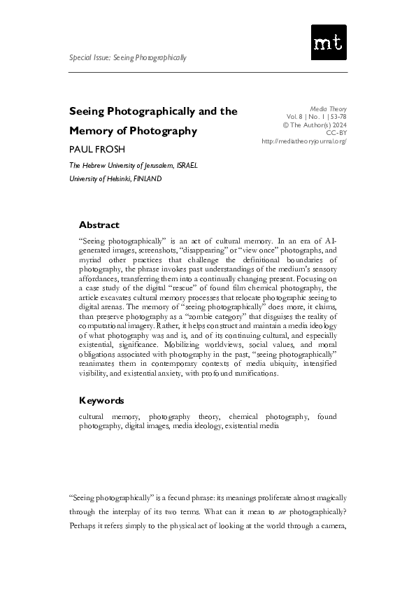 (PDF) Seeing Photographically and the Memory of Photography