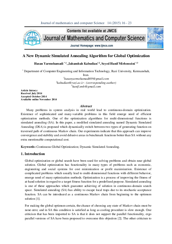 (PDF) A New Dynamic Simulated Annealing Algorithm For Global Optimization