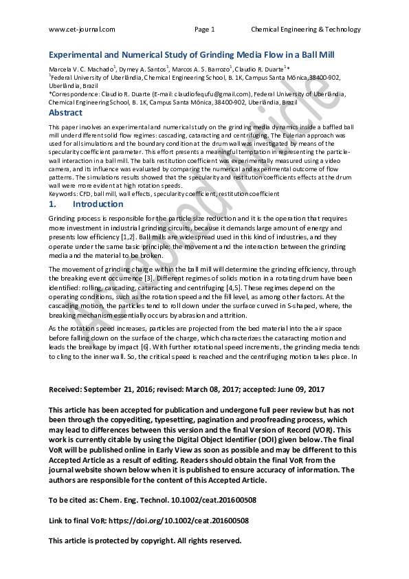 (PDF) Experimental and Numerical Study of Grinding Media Flow in a Ball ...