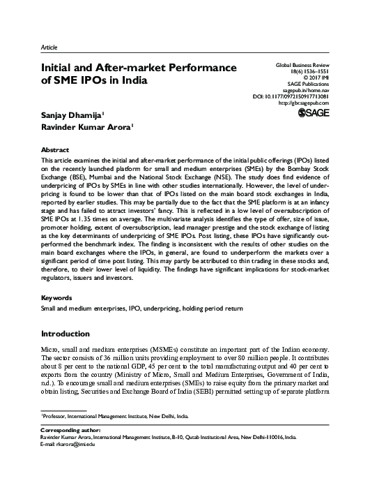 (PDF) Initial and After-market Performance of SME IPOs in India