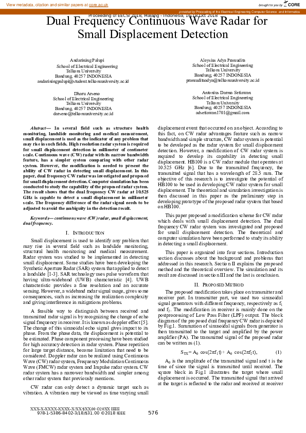 (PDF) Dual Frequency Continuous Wave Radar for Small Displacement Detection