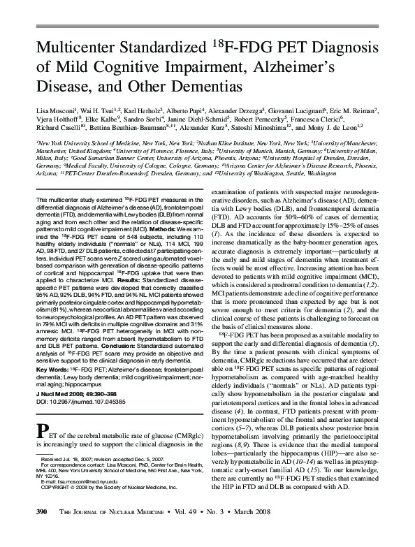 (PDF) Multicenter Standardized 18F-FDG PET Diagnosis of Mild Cognitive ...