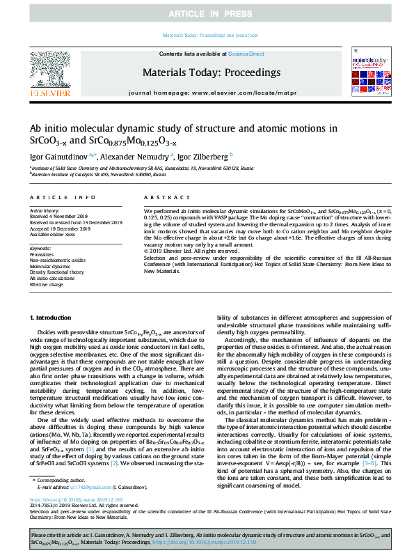 (PDF) Ab initio molecular dynamic study of structure and atomic motions ...
