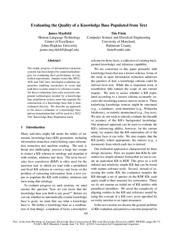 (PDF) Evaluating the Quality of a Knowledge Base Populated from Text