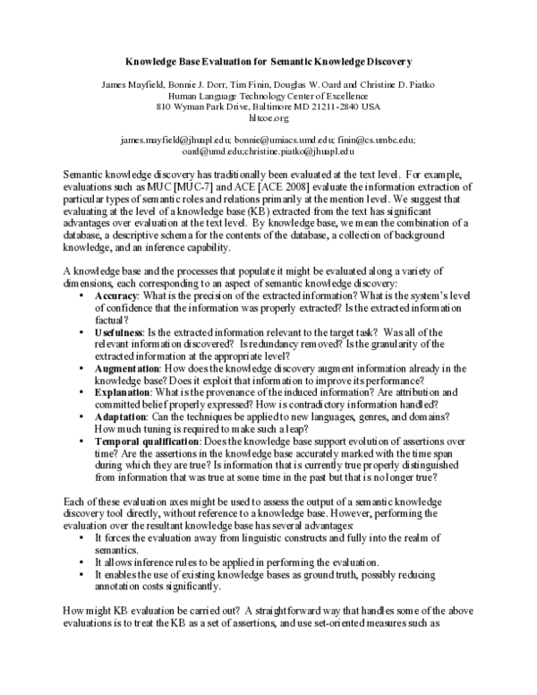 (PDF) Knowledge Base Evaluation for Semantic Knowledge Discovery
