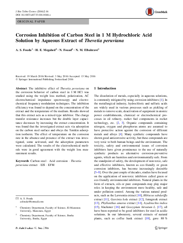 (PDF) Corrosion inhibition of carbon steel in 1 M hydrochloric acid ...