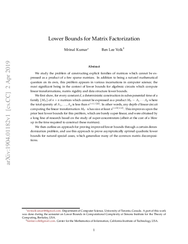 (PDF) C C ] 2 A pr 2 01 9 Lower Bounds for Matrix Factorization