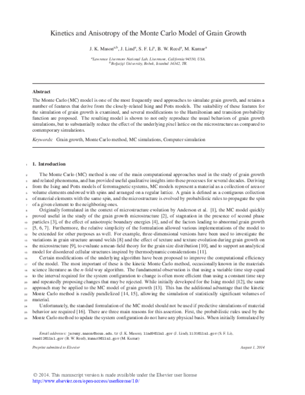 (PDF) Kinetics and anisotropy of the Monte Carlo model of grain growth