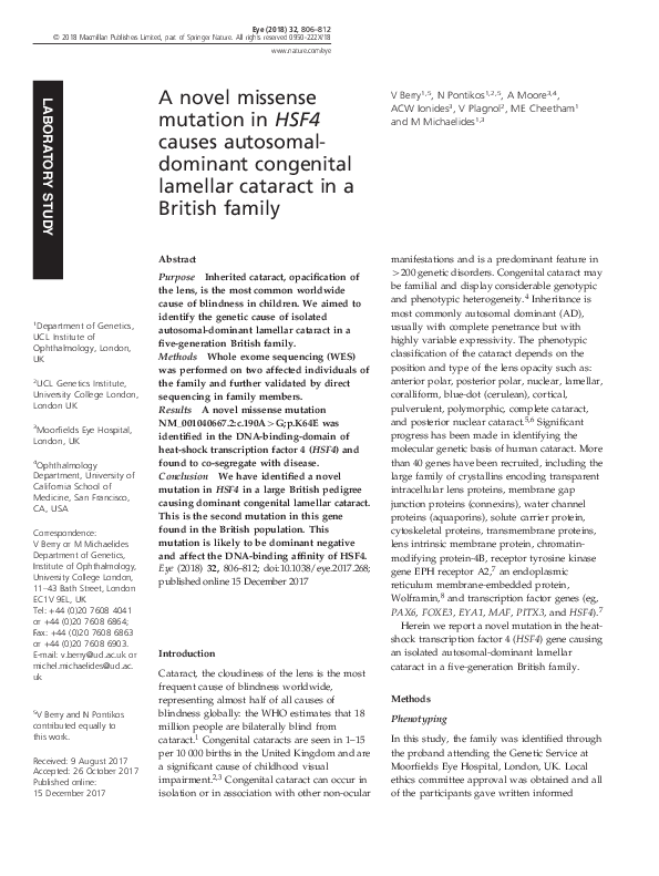 (PDF) A novel missense mutation in HSF4 causes autosomal-dominant ...